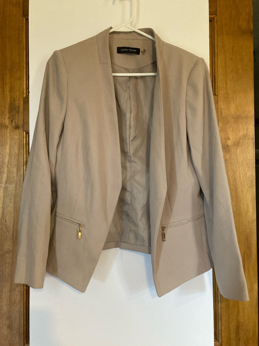 Tahari ASL Taupe Open-Front Blazer with Gold Zip Pockets